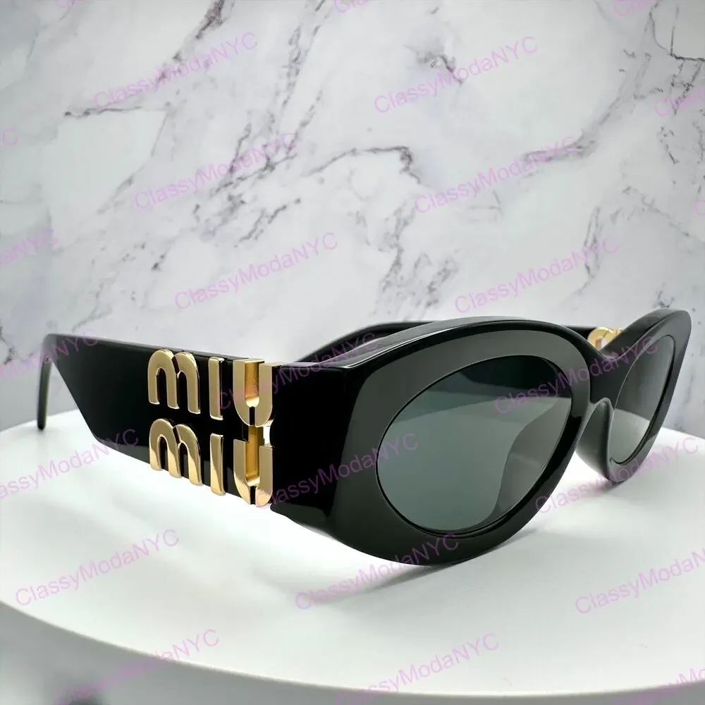 New MIU MIU Sunglasses Black Oval Acetate Gold Metal Logo Authentic Womens